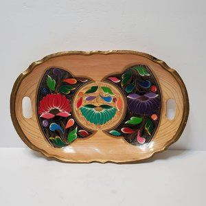 Vintage Mexican Batea Wood Tray, Folk Art, hand-painted Oval Wooden Dish 16"